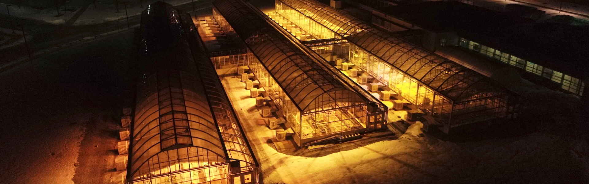 nighttime photo of illuminated greenhouse from above