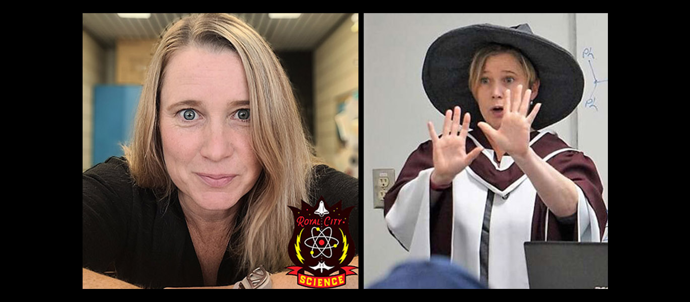 A closeup of Dr. Joanne O'Meara and a phtoofo her in a witch's costume demonstrating science