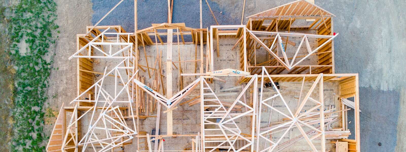 An aerial view of a house being built.