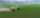 A green tractor with a yellow tank in a green field. The tractor is on the left side of the image and is moving towards the right side. Behind it is a plume of a white substance.
