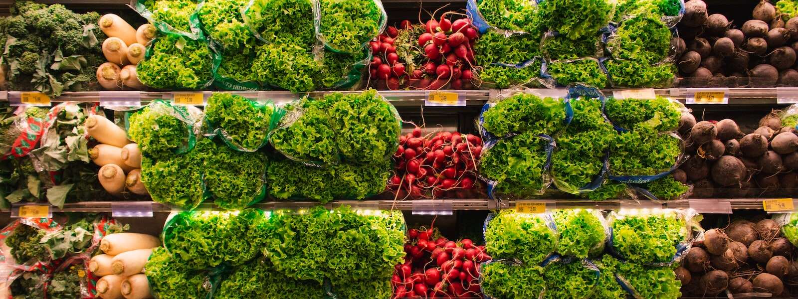A grocery store shelf filled with various produce including broccoli, squash, lettuce, radishes and beets.