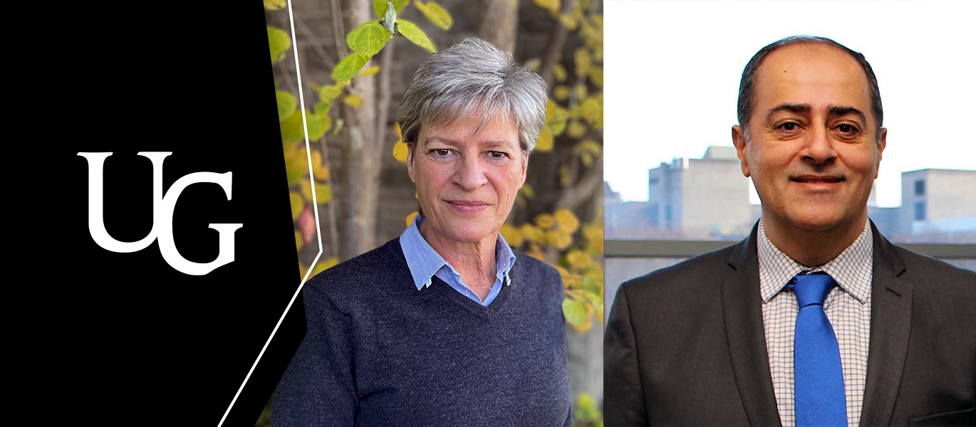The U of G cornerstone logo along with headshots of Drs. Dorothee Bienzle and Shayan Sharif