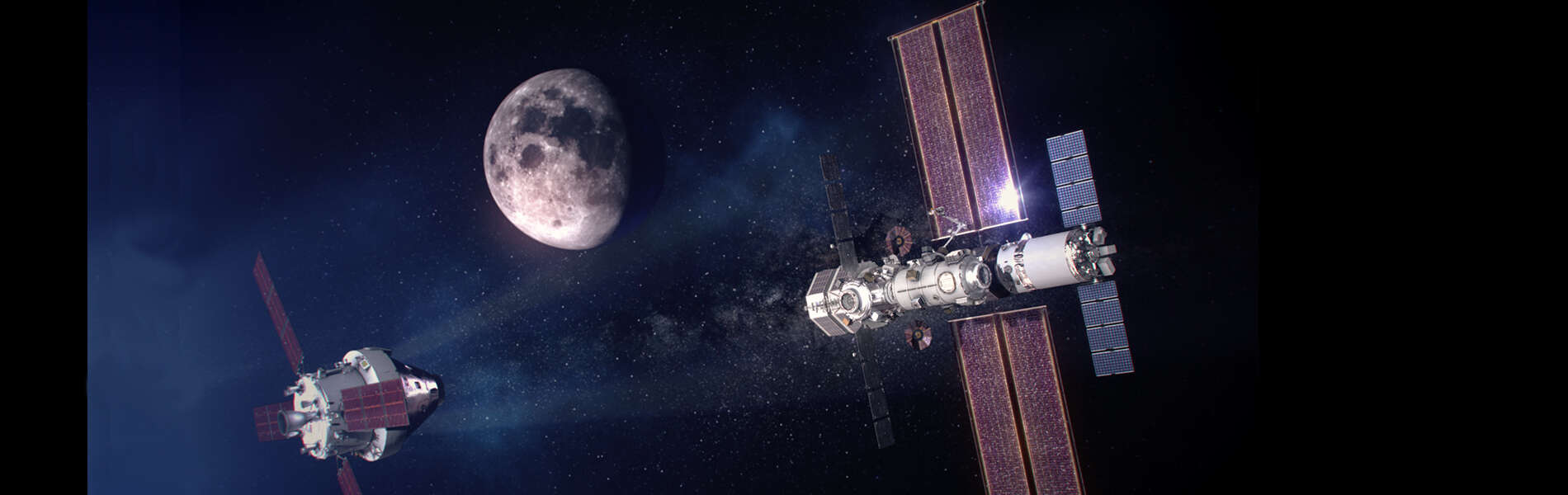An artist's illustration of a spacecraft approaching the a space station with solar panel wings and Earth behind