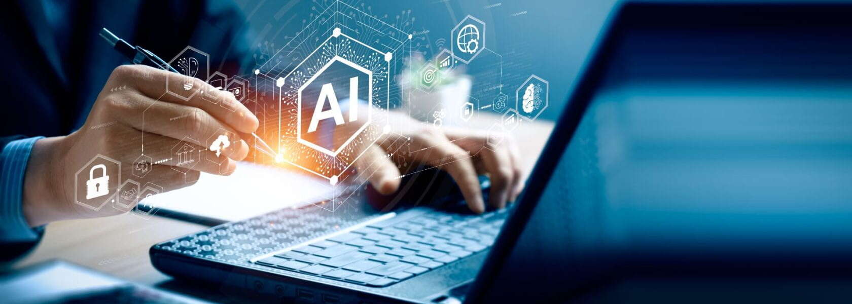 A graphic showing hands typiing on a laptop with symbols overlaid in white of AI