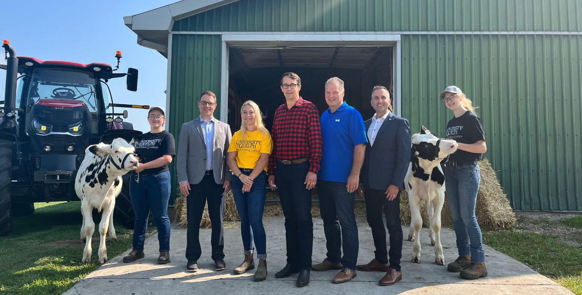 A group of seven people stand in front of a green barn flanked by two black and white dairy cows.