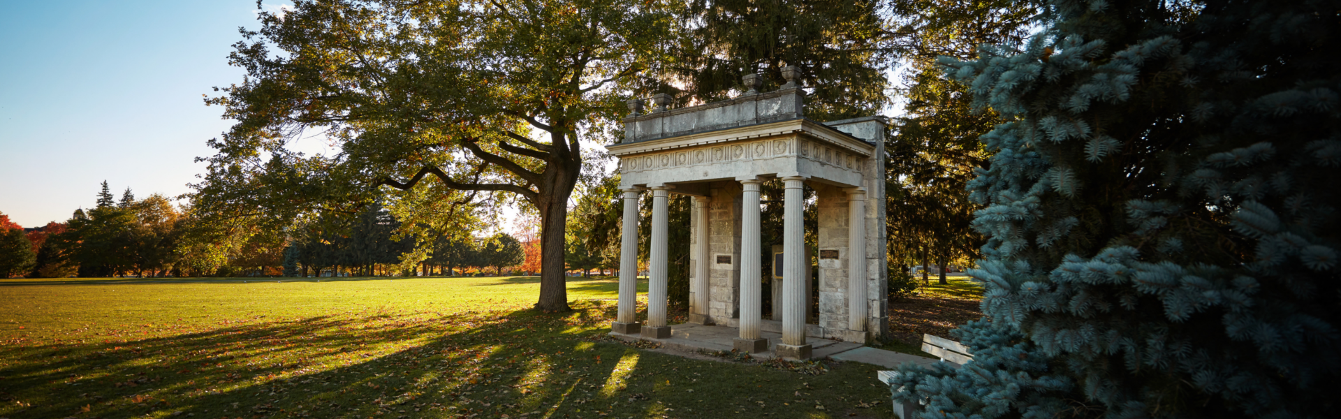 The U of G portico as the sun is setting.