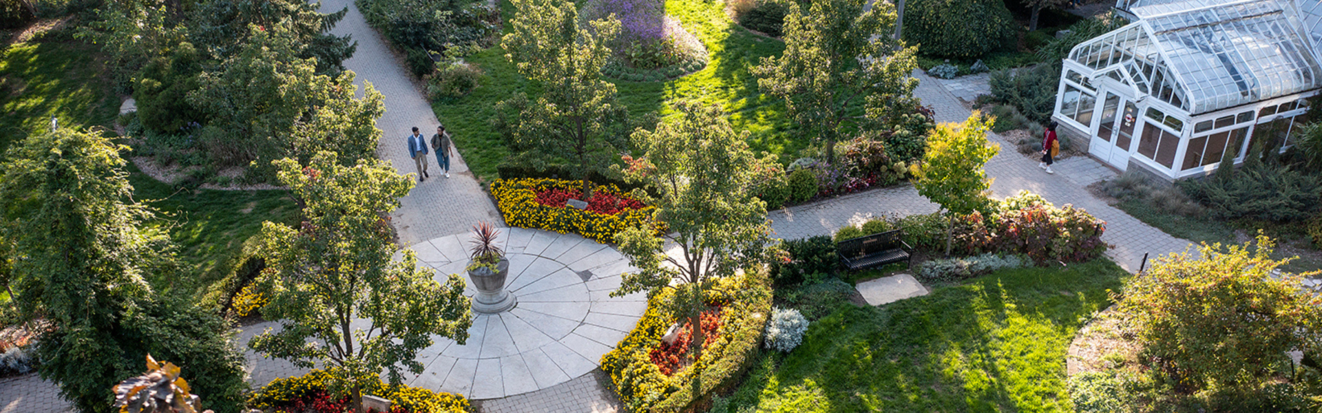 Aerial view of the gardens on U of G campus in summer.