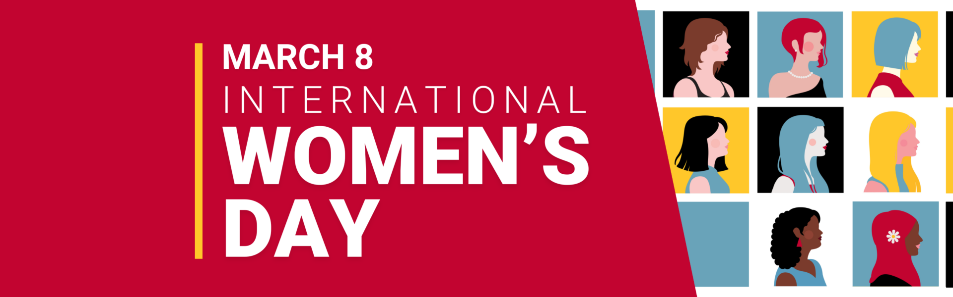 March 8, International Women's Day. A grid of graphic representations of women of various identities.