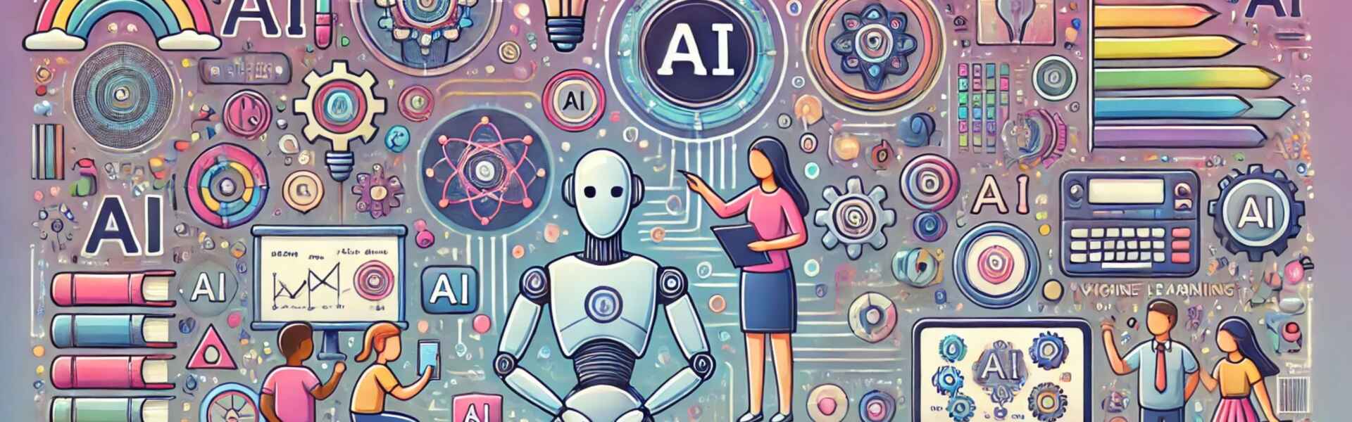 An illustrated collage of images related to AI, including a computer, a robot, and people.