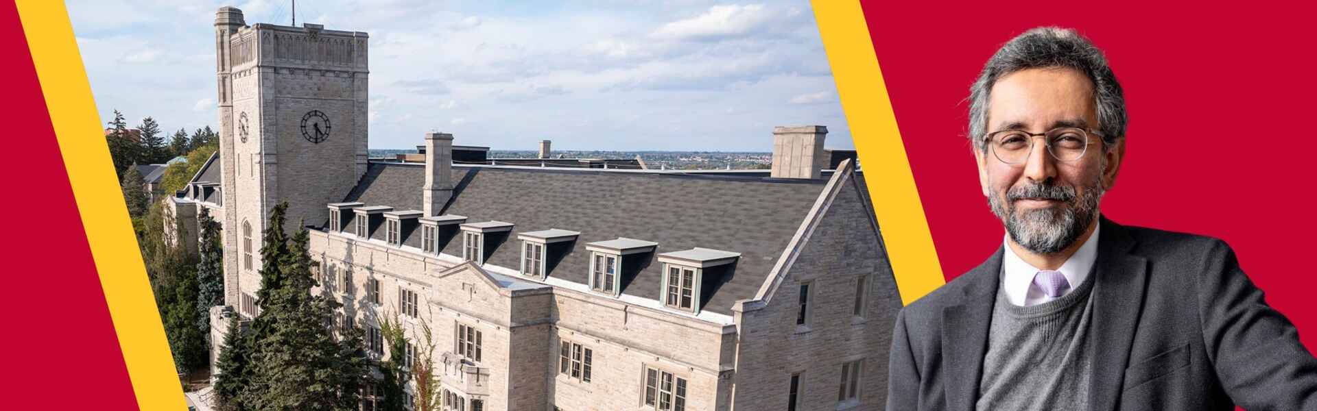 Dr. Mazyar Fallah imposed over a photo of Johnston Hall.