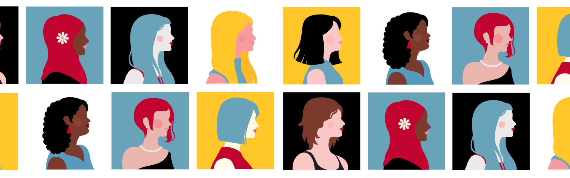 Cartoon illustrations of women of various identities.