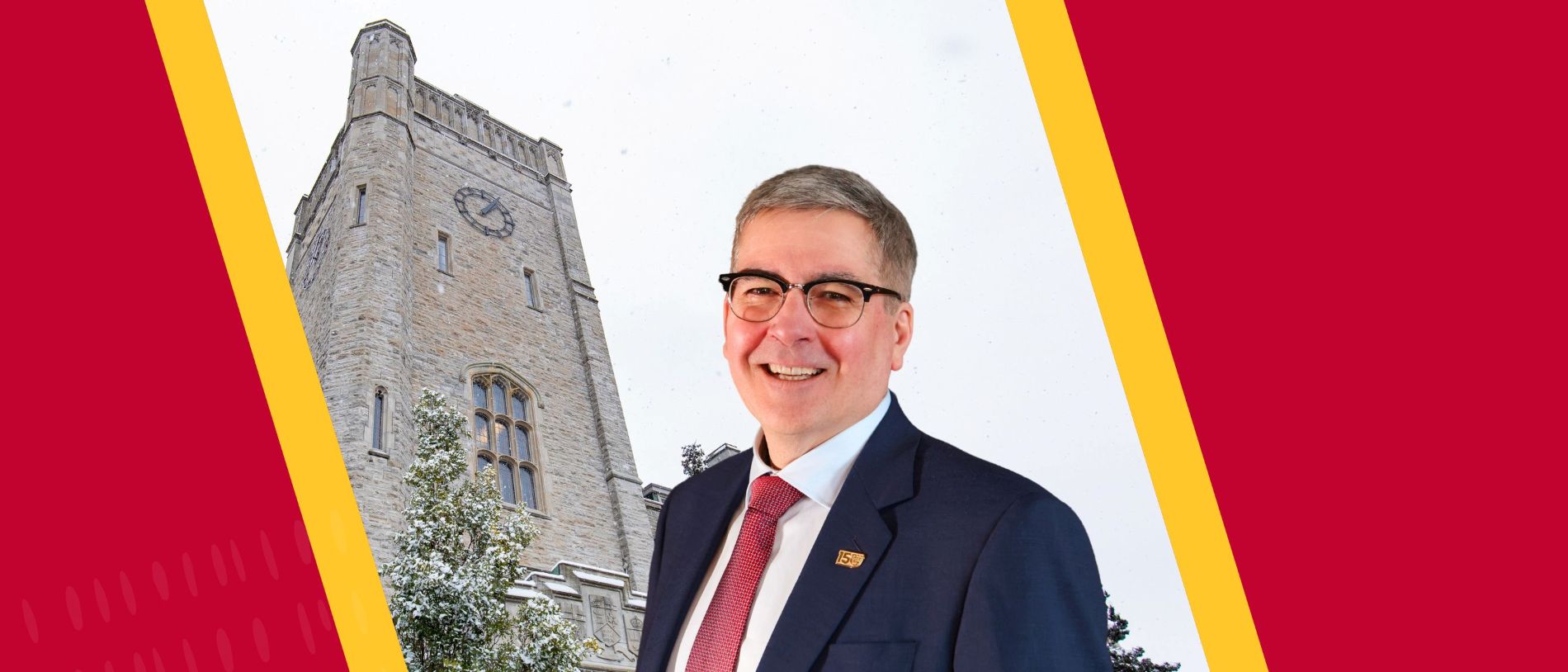A headshot of Dr. John Cranfield overlaid on an image of Johnston Hall