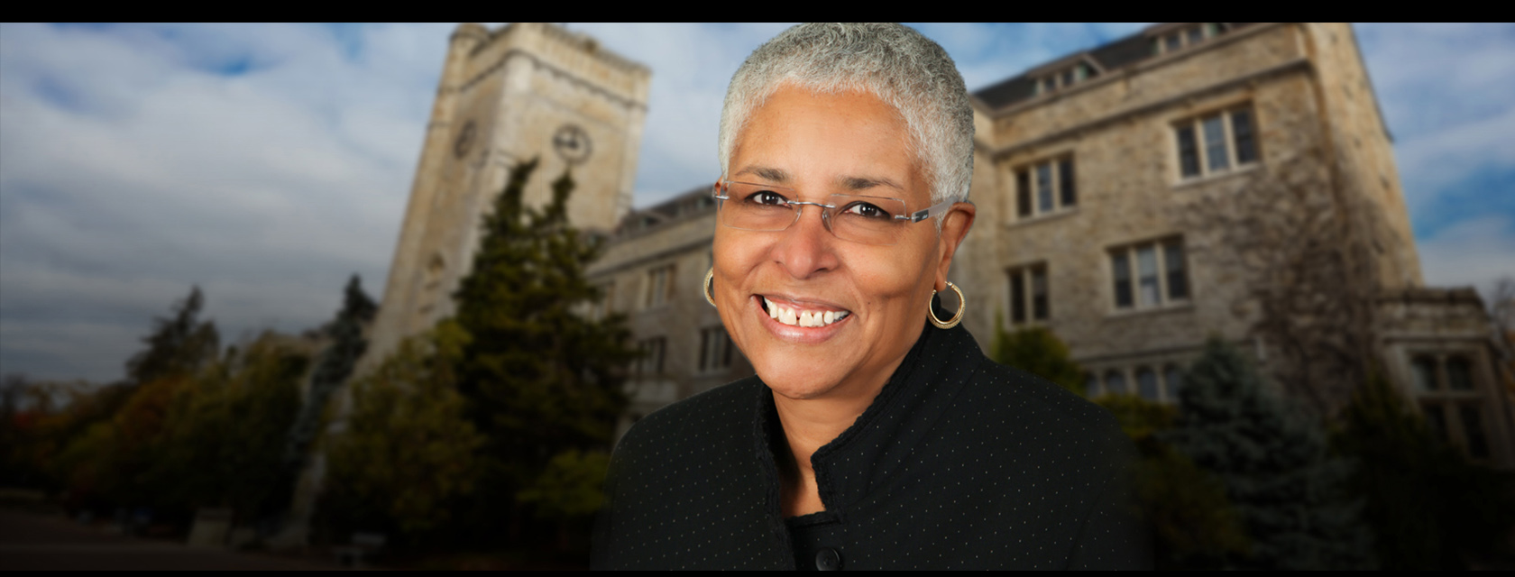 portrait of Mary Anne Chambers with Johnston Hall in background