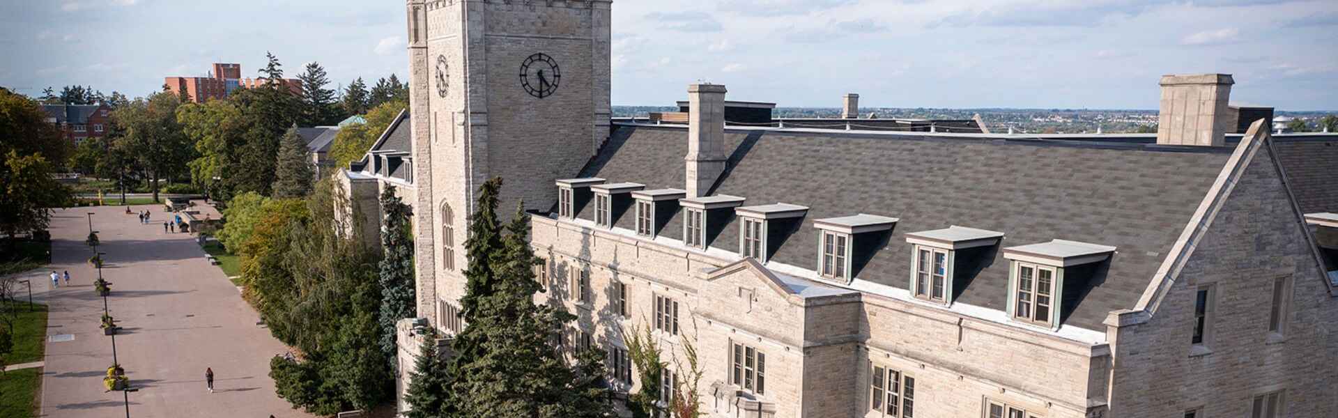 Aerial shot of Johnston Hall on a sunny day