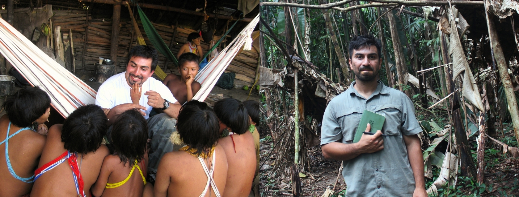 Researcher with community members and in forest field site