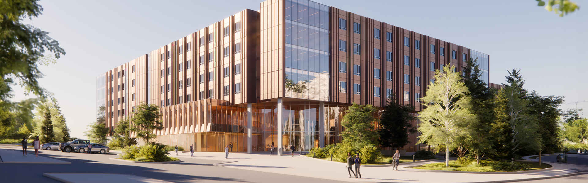 Artist's rendering shows a multi-level glass and steel residence building surrounded by trees