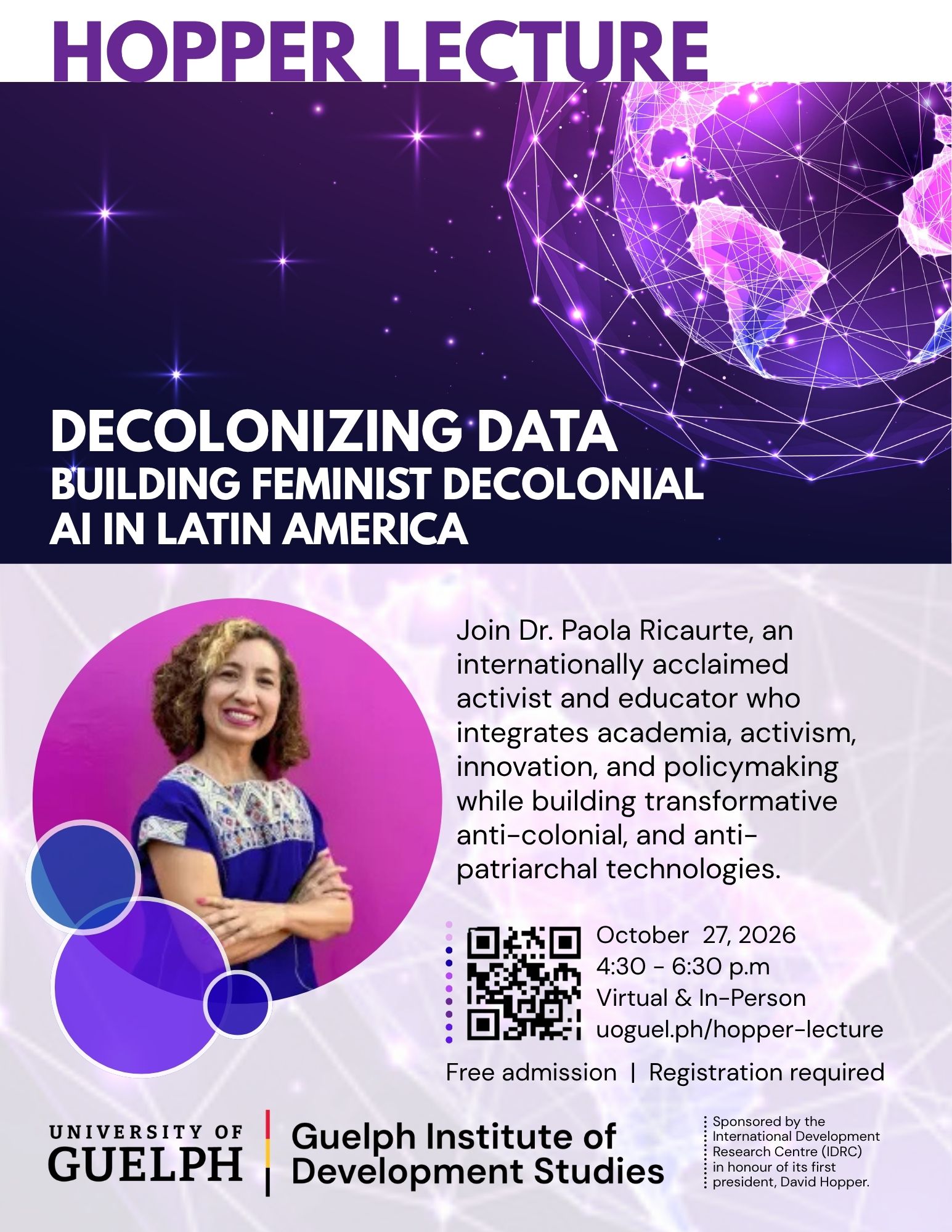 Hopper lecture poster, with headshot of Dr. Paola Ricuarte wearing a blue dress, smiling with crossed arms.
