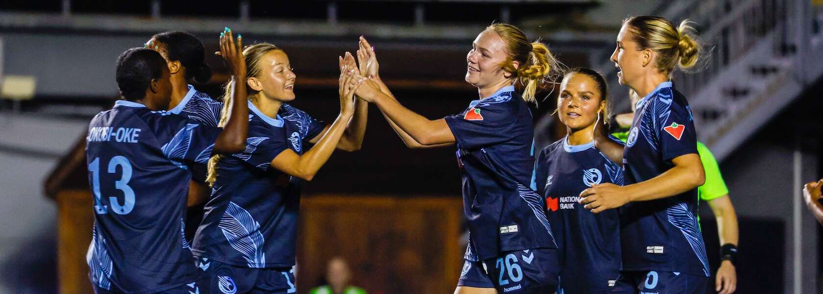 A group of women playing soccer in blue uniforms high five each other on the field.